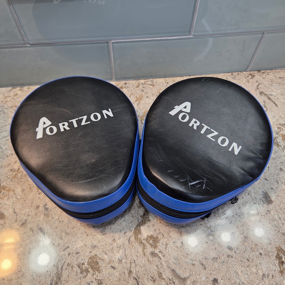 Portzon Boxing Focus Mitts MMA Muay Thai Training Punch Pads Black Blue Pair